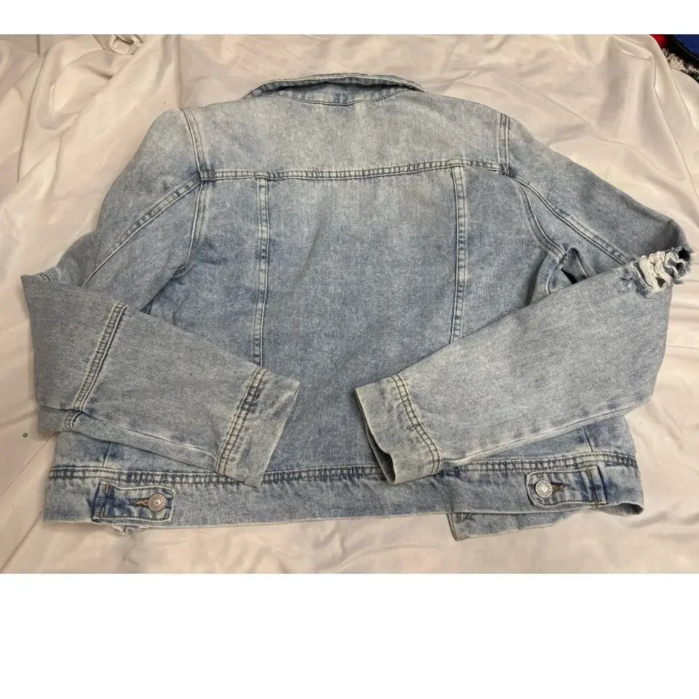 Free People Cropped Distressed Denim Jacket Light Wash SZ S